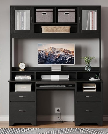 Bestier 77.8" H Executive Desk with Hutch, Modern Wood Computer Desk with Drawers, Charging Station, LED Light, Fluted Storage Cabinet, Keyboard Tray, 59" W Office Desk for Home Office, Black