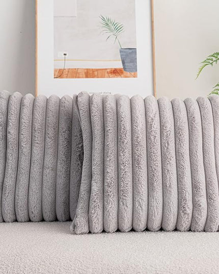 DEELAND Pack of 2,Double-Sided Faux Fur Plush Decorative Throw Pillow Covers Fuzzy Striped Soft Pillowcase Cushion Covers for Sofa Couch Bedroom Lightgrey 24x24 inch