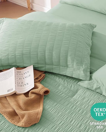 MUXHOMO 7 Pieces Full Comforter Set, Seersucker Bed in a Bag Full Size, All Season Luxury Bedding Set with Comforter, Flat Sheet, Fitted Sheet, Pillowcases & Shams, Sage Green