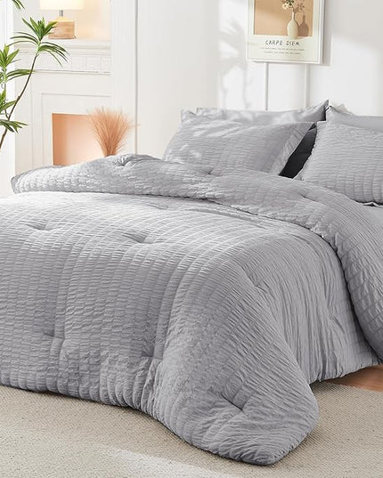 HYMOKEGE Light Grey King Size Comforter Set Seersucker 7 Pieces, All Season Luxury Bed in a Bag for Bedroom, Bedding Set with Comforters, Sheets, Pillowcases & Shams