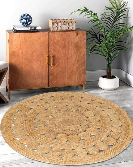 Hand Woven Jute Area Rug - 4' Round - Rustic Beige Reversible Farmhouse Rugs for Bedroom, Kitchen, Living Room - Vintage Natural Braided Entry Floor Décor Circle Boho Round Rugs 4 feet