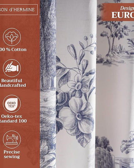 Maison d' Hermine Curtains for Living Room 100% Cotton 108 inch Length One Panel Light Filtering Toile Curtains for Bedroom Windows with Rod and Loop Pockets Drapes (Trianon Blue, 50" W x 108" L)