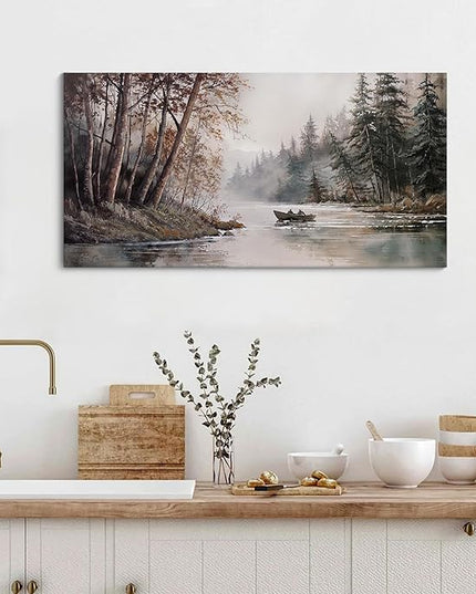 HGUAOA Mountain Canvas Wall Art Rustic Lake Landscape - Nature & Forest Scenery Paintings Pictures for Living Room & Bedroom Wall Decor Vintage Artwork for Walls