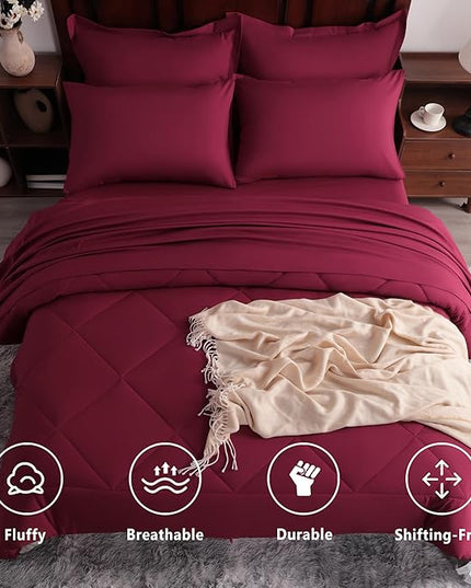 NTBAY Queen Comforter Set with Sheets, 7 Pieces Soft and Breathable Queen Bedding Set, Bed in a Bag, Down Alternative Comforter Set Solid Color All Season, Queen Bedding Set, Wine Red