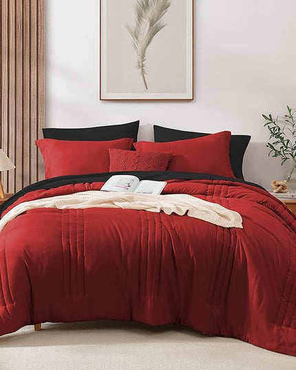Monbix King Size Comforter Set - 7 Pieces Bed in a Bag King, Bright Red Bedding Sets with Comforter, All Seasons Comforter Bed Set with Sheets, Pillowcases & Shams