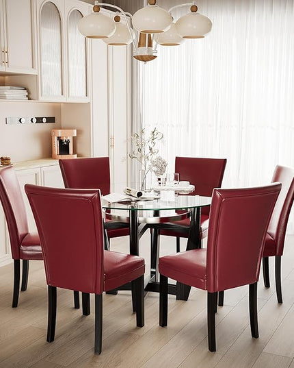 PADMA HOUSE Round Glass Dining Table Set for 6, 45in Modern Kitchen Small Wood Dinner Table with 6 Parsons Leather Dining Chairs 7 Piece Dining Room Table Chair Set, Clear&Wine Red