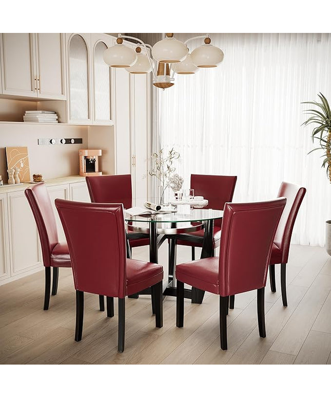 PADMA HOUSE Round Glass Dining Table Set for 6, 45in Modern Kitchen Small Wood Dinner Table with 6 Parsons Leather Dining Chairs 7 Piece Dining Room Table Chair Set, Clear&Wine Red