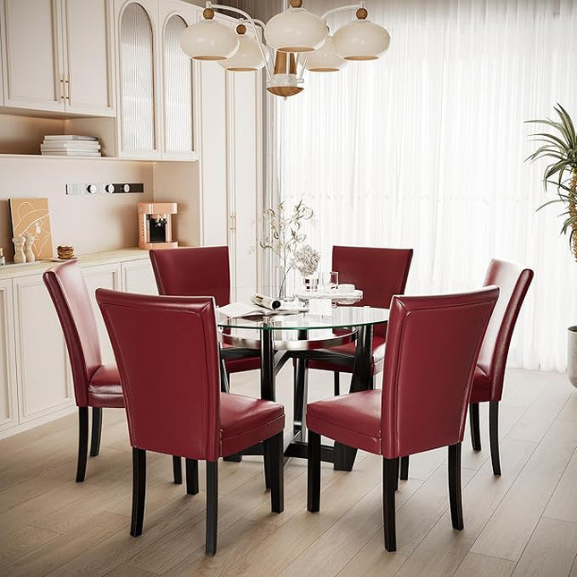 PADMA HOUSE Round Glass Dining Table Set for 4, 45in Modern Kitchen Small Wood Dinner Table with 4 Parsons Leather Dining Chairs 5 Piece Dining Room Table Chair Set, Clear&Wine Red