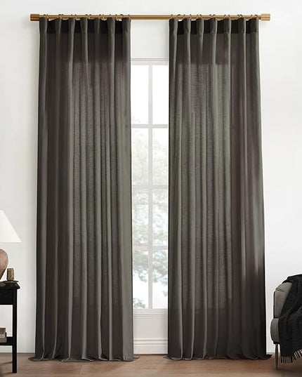 XTMYI Brown Linen Sheer Curtains for Living Room,Pleated Back Tab Light Filtering Curtain Drapes 90 Inches Long 2 Panels Set