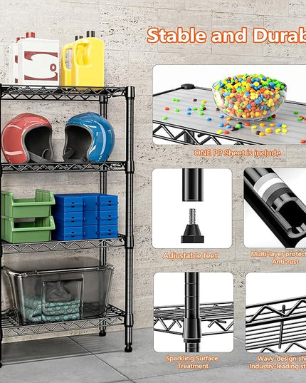1000 lbs 4 Tier Shelf Metal Storage Shelves Wire Rack Closet Organizers with PP Board for Garage Kitchen Bathroom Laundry Black 11.8" D x 21.7" W x 39.5" H