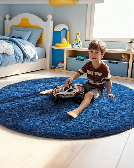 Ophanie Round Rug 5Ft Blue Circle Area Rug, Boys Room Decor, Fluffy Fuzzy Bedroom Carpet, Plush Soft Shaggy Living Room Rugs for Kids Home Decor Aesthetic, Nursery