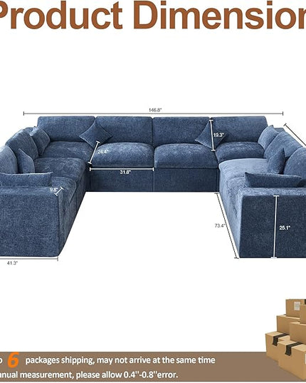 155''Cloud Boneless Sectional Couch, Modular Sectional Sofa Deep Seat, Oversized Upholstered Convertible Comfy 8 Seater Chenille Memory Foam Sofa U Shape Couches for Living Room, Blue