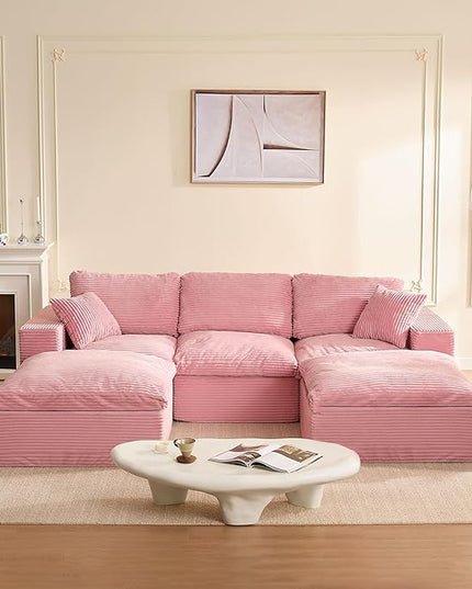 106.3” Sectional Couches for Living Room, Cloud Couch, Modular Sectional Sofa, Convertible Sofas Bed, Deep Seat Sofa, U Shaped Cozy Sofa Furniture Set, Corduroy, Pink
