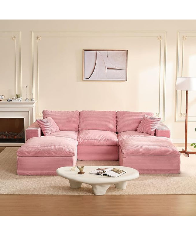 106.3” Sectional Couches for Living Room, Cloud Couch, Modular Sectional Sofa, Convertible Sofas Bed, Deep Seat Sofa, U Shaped Cozy Sofa Furniture Set, Corduroy, Pink