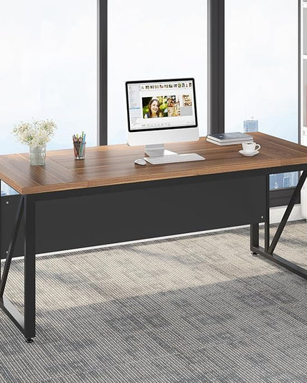Tribesigns 63 inches Computer Desk, Modern Home Office Desk Writing Table for Workstation, Dark Walnut + Steel Leg, Cabinet not Included (Walnut, 63-inch)