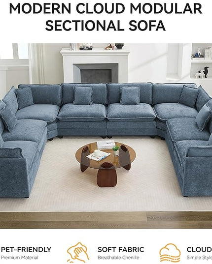 147'' Oversized U Shaped Cloud Sectional Sofa, Chenille Deep Seat Couches for Living Room, Comfy Upholstered Modular Sectional Sofa Couch, Blue
