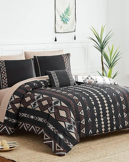 Geniospin Cal King Size Comforter Set- 7 Pieces Boho Bed in a Bag, Western Bedding Set for All Seasons, Reversible Aztec Bedding, Lightweight Comforter Bed Set with Sheets, Pillowcases & Shams