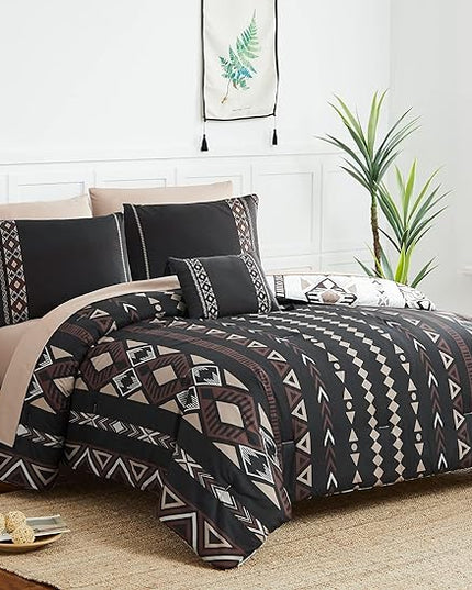 Geniospin Queen Comforter Set - 7 Pieces Reversible Bedding Set, Boho Bed in A Bag, Lightweight Soft Aztec Bedding, All Season Bed Comforter Set with Sheets, Pillowcases & Shams
