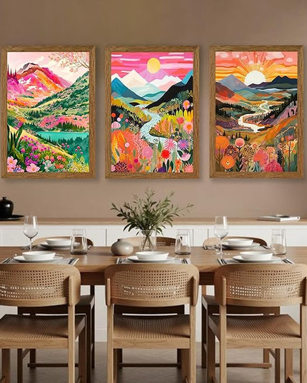 DUWQU 3 piece Colorful Watercolor Mountain Canvas Wall Art Boho Floral Painting Picture Wall Decor Abstract Nature Landscape Poster Print Artwork for Living Room Bedroom Office 16x24 Inch Wood Frames
