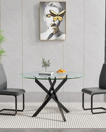 HomVent 3 Piece Round Glass Dining Table Set, Round Glass Kitchen Table Set for 2 with 2 PU Upholstered Dining Chairs for Kitchen Dining Room