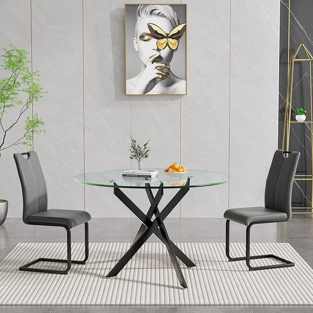 HomVent 3 Piece Round Glass Dining Table Set, Round Glass Kitchen Table Set for 2 with 2 PU Upholstered Dining Chairs for Kitchen Dining Room