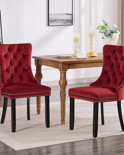 Modern 7-Piece Glass Dining Table Set for 6, Modern 60" Rectangle Black Glass Dining Room Table Set with Burgundy Velvet Tufted Chairs Wood Legs for Kitchen Dining Room