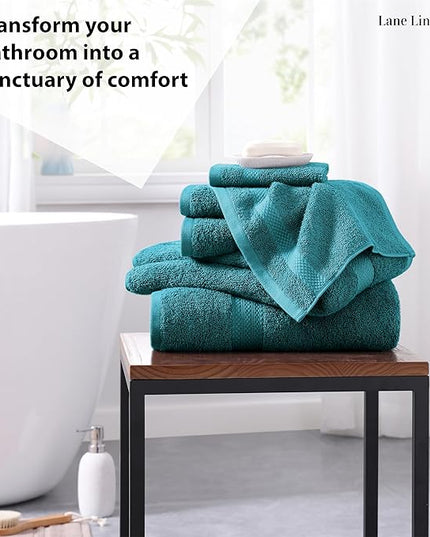LANE LINEN 100% Cotton 6 Piece Bath Towel Set - Ring Spun, Quick Dry, Super Soft & Highly Absorbent - 2 Bath, 2 Washcloths, 2 Bathroom Hand Towels - Hotel Quality Luxury Bathroom Towel Set - Sea Port