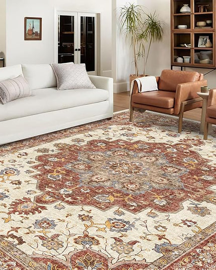 Washable Oriental Area Rug - 9x12 Rugs for Living Room Soft Carpet for Bedroom Waterproof Floral Distressed Indoor Stain Resistant Non-Shedding Floor Carpets (Red, 9x12)