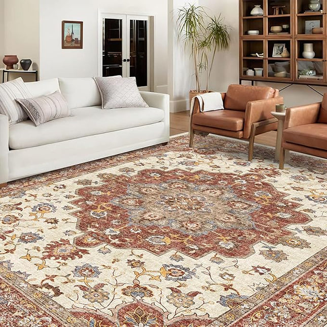 Washable Oriental Area Rug - 9x12 Rugs for Living Room Soft Carpet for Bedroom Waterproof Floral Distressed Indoor Stain Resistant Non-Shedding Floor Carpets (Red, 9x12)