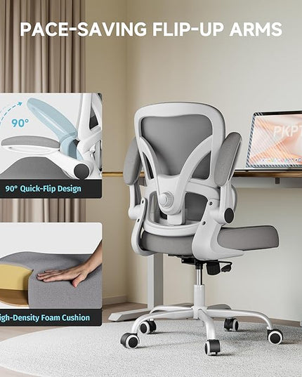 Office Chair with Adjustable Lumbar Support, 330 LBS Home Office Desk Chair with Flip-up Armrests, Mesh Computer Chair for Long Day Use, White and Gray