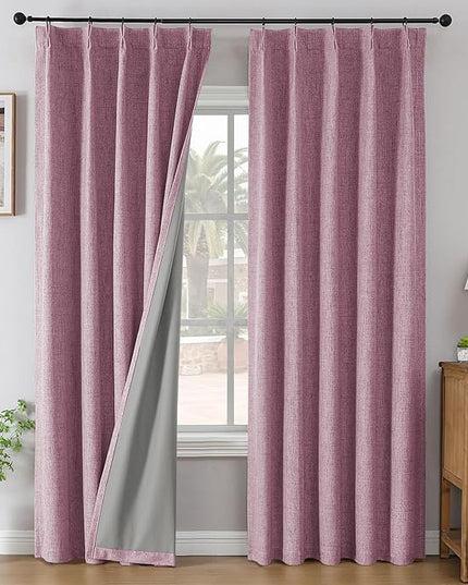 Joydeco Pinch Pleated Curtains - 100% Blackout for Bedroom, Pink Linen Curtains 40" W x 72" L, Thermal Insulated 2 Panels Light Blocking Drapes, Back Tabs for Living Room