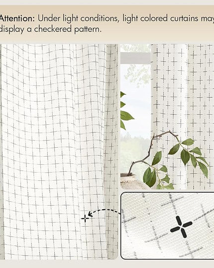 MIULEE Decorative Back Tab Linen Curtains with Geometric Pattern for Living Room Bedroom Farmhouse Rustic Thick Woven Textured Patterned Mudcloth Drapes 63 Inch Length 2 Panels Set, Pure White