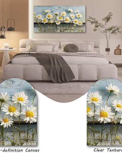 KZKU Rustic Daisy Canvas Wall Art-Large Floral Print on Weathered Blue Wood Background- Modern Farmhouse Decor for Living Room Bedroom 24X48in