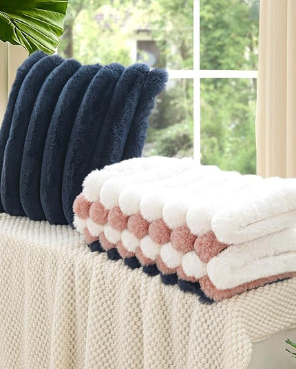 Touchat Pack of 2 Faux Fur Pillow Covers, 18x18 Inch Decorative Throw Pillow Covers with Hidden Zipper, Ultra Soft Couch Cushion Pillows Covers for Sofa/Bedroom Wide Stripe, Navy