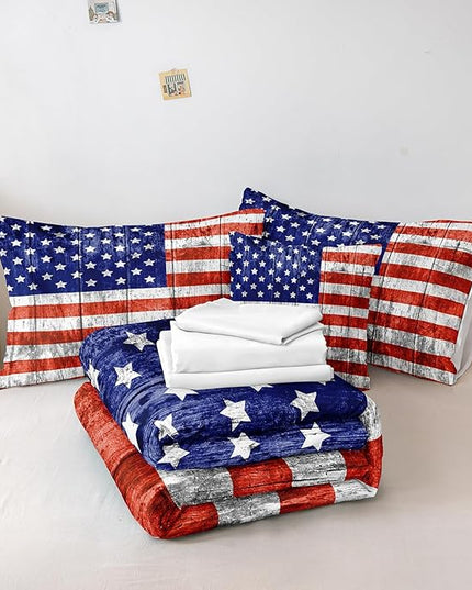 Merryword 6 Pcs Bed in a Bag USA Flag Comforter Set Twin Size American Flag Bedding Set Wooden Planks Bedding Comforter Set
