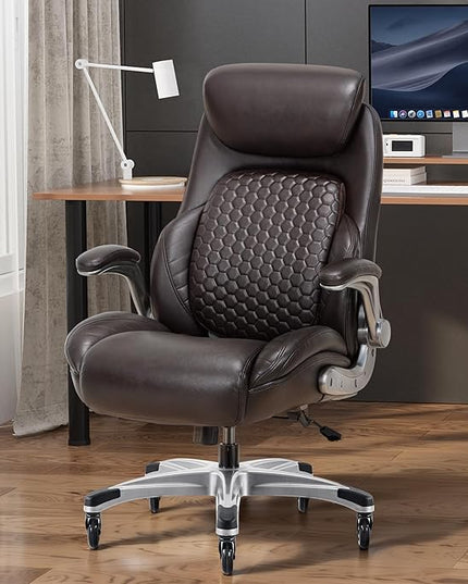 COLAMY Office Ergonomic Desk High Back Executive Chair with Pop-Out Lumbar Support, Upgraded Casters, Adjustable Headrest, Flip-Up Arms, Leather Home with Thick Cushion for Comfort - Brown