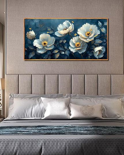 Ouzzlie White Floral Canvas Wall Art for Bedroom Large Blue Wall Decor Plant Picture Artwork 24" x 48"