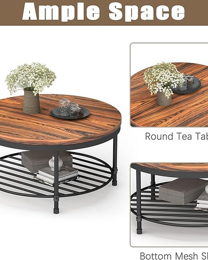 NSdirect 36" Round Coffee Table with Storage Shelf, Dark Grey Brown Vintage Wood Top & Metal Legs - 18.5" Height End Table for Small Spaces (Dark Red Brown)