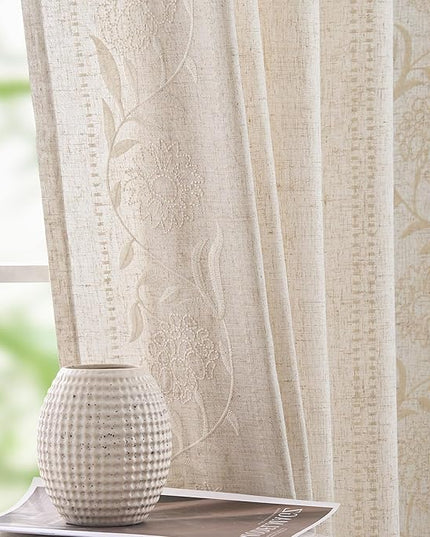 jinchan Winslow Linen Curtains for Living Room Floral Curtains 96 Inch Length Ivory Embroidered Bordered for Sitting Room Farmhouse Decor Light Filtering Window Treatments Set of 4