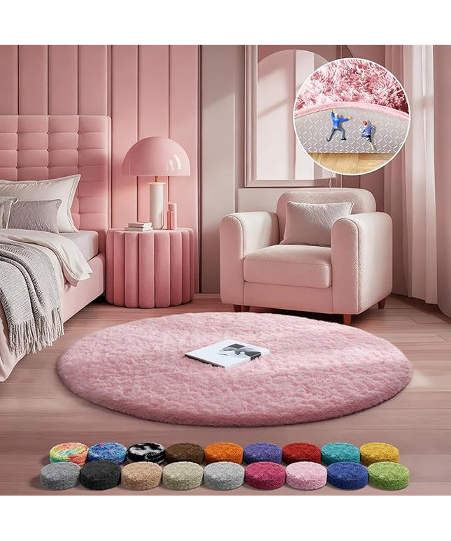 Ophanie Pink Round Rug for Bedroom Girls, Kids Fluffy Kawaii Fuzzy Shag Circle Circular Area Rugs, Cute Plush Christmas Small Carpet 3.6Ft, for Teen Baby Nursery Home Living Room Dorm Decor Aesthetic