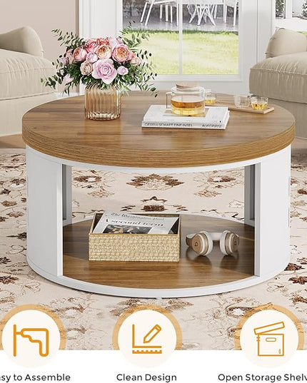 Round Coffee Table, 2-Tier Coffee Table with Open Storage Shelf, Wood Top and White Metal Frame, Modern Living Room Center Table, Light Brown
