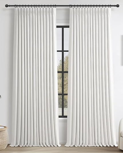 Room Darkening Soft White Linen Curtains 102 Inches Long 2 Panels Set for Dining Room, Pure White Pinch Pleated Dual Layer Blackout 102 Inch Curtain Energy Saving Privacy Cottage Drapes with Back Tab
