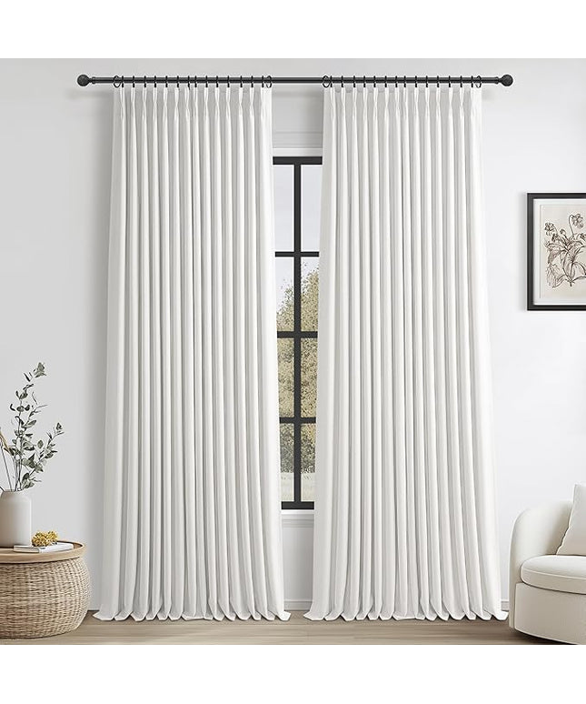 White Black Out Drapes 108 Inches Long 2 Panels for Sliding Glass Doors, Luxury Pinch Pleated 2 Layer Heavy Linen Curtains Heat Blocking Ceiling Track for Office 108 Inch Large Window Burg Lush Decor