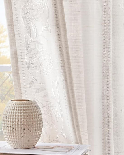 jinchan Winslow White Linen Curtains for Bedroom 108 Inches Length Embroidered Bordered Floral Curtains for Living Room Farmhouse Decor Light Filtering Window Treatments White on White Drapes 2 Panels