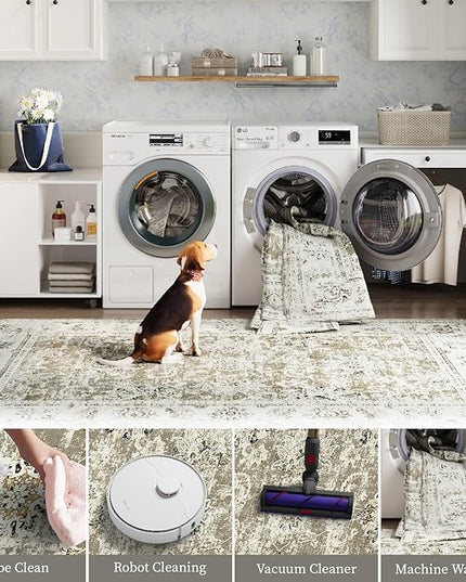 jinchan Fiora Washable Area Rug 4x6 Ultra-Thin Low Pile Non Slip Stain Resistant Soft Faux Wool Floral Rug Distressed Boho Vintage Carpet for Bedroom, Living Room, Kitchen, Nursery(Taupe, 4' x 6')