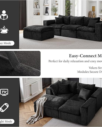 108" Sectional Couches for Living Room Boneless Couch Upholstered Cloud Couchs Sectional Modular Sectional Sofa with L Shaped (Chenille-Black, 3 Seat+1 Ottoman)
