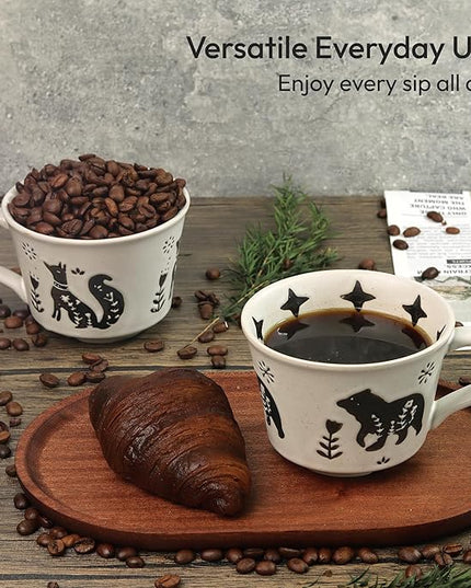 Ceramic Coffee Mug, 12 oz Novelty Unique Teacup with Handle, Stoneware Cup for Tea Mocha Latte Cappuccino Espresso (Set of 4, Fox and Bear)