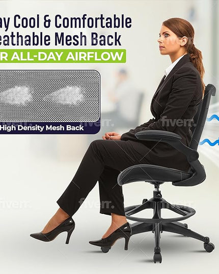 OfficeFactor Drafting Chair Tall Office Chair, 300 lb Capacity Standing Desk Chair, Adjustable & Ergonomic Desk Chair, Flip-Up Armrests, Mesh Back, Comfortable Leather (Black)