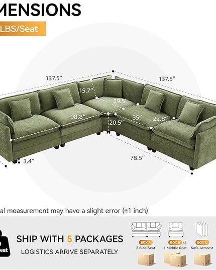 137'' V Shaped Cloud Sectional Sofa, Oversized Deep Seat Couches for Living Room, Chenille Comfy Upholstered Modular Sectional Sofa Couch, Green