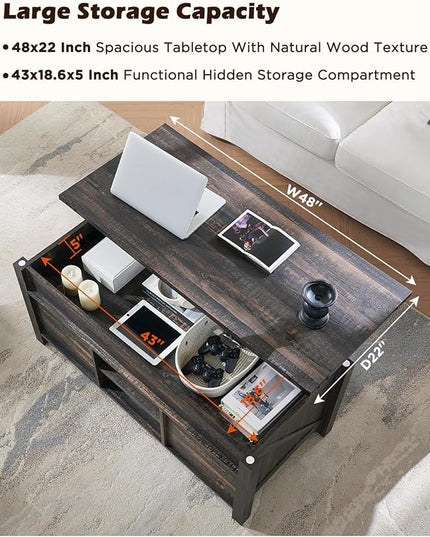 OKD 48" Farmhouse Lift Top Coffee Table with Sliding Barn Door,Rustic Center Table with Hidden Storage Compartment,Lifting Tabletop and Adjustable Shelf for Living Room,Office,Dark Rustic Oak